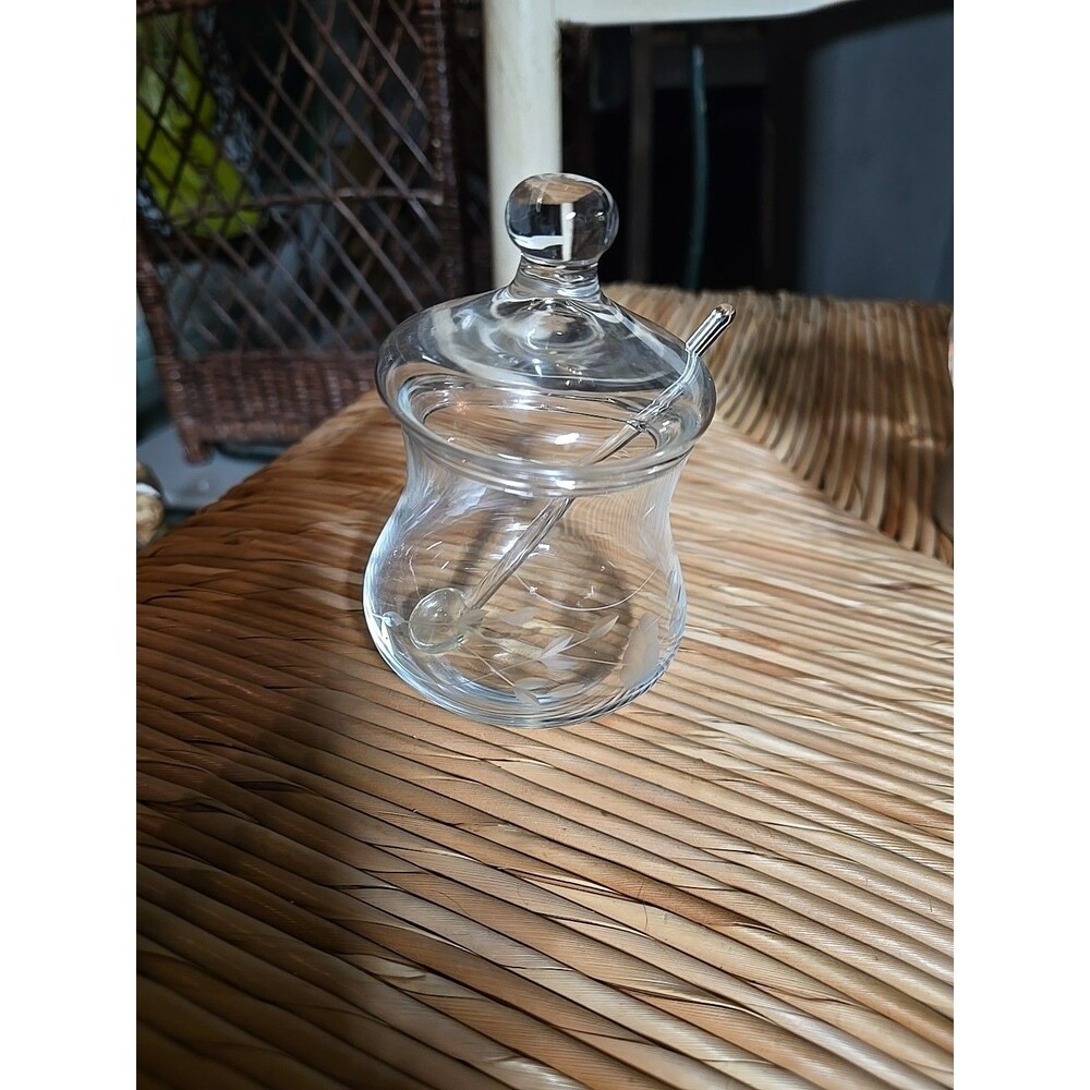 Vintage Princess House Etched Crystal Jelly Jar w/ Lid and Spoon